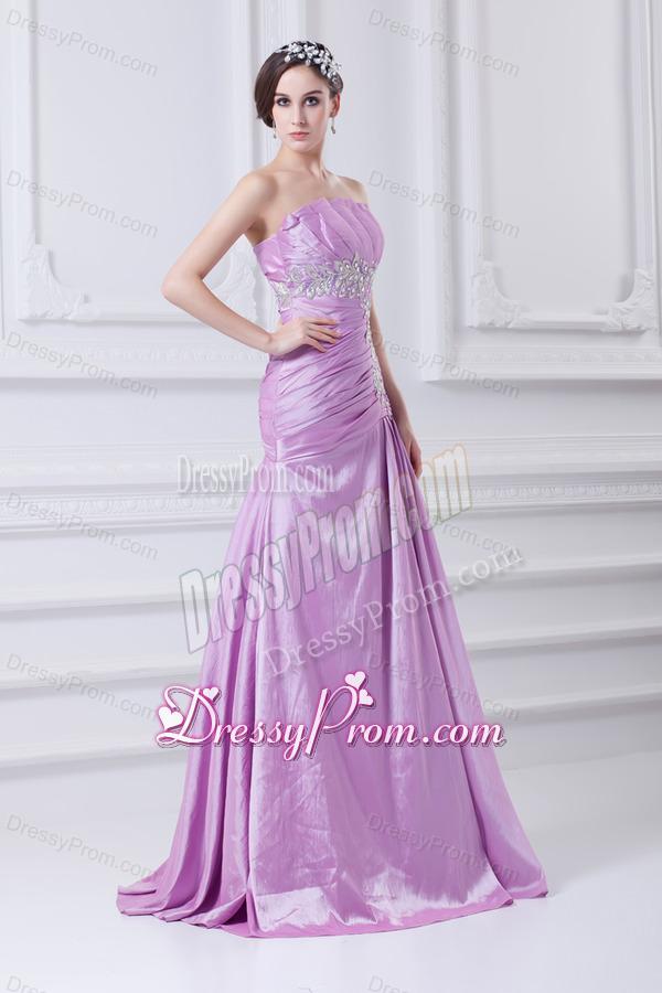 A-line Strapless Lilac Taffeta Appliques with Beading Prom Dress