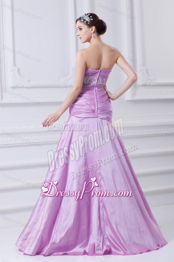 A-line Strapless Lilac Taffeta Appliques with Beading Prom Dress