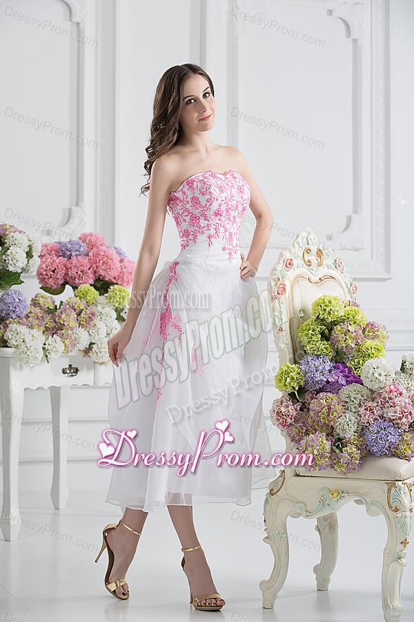 A-line Strapless White Organza Tea-length Prom Dress with Appliques