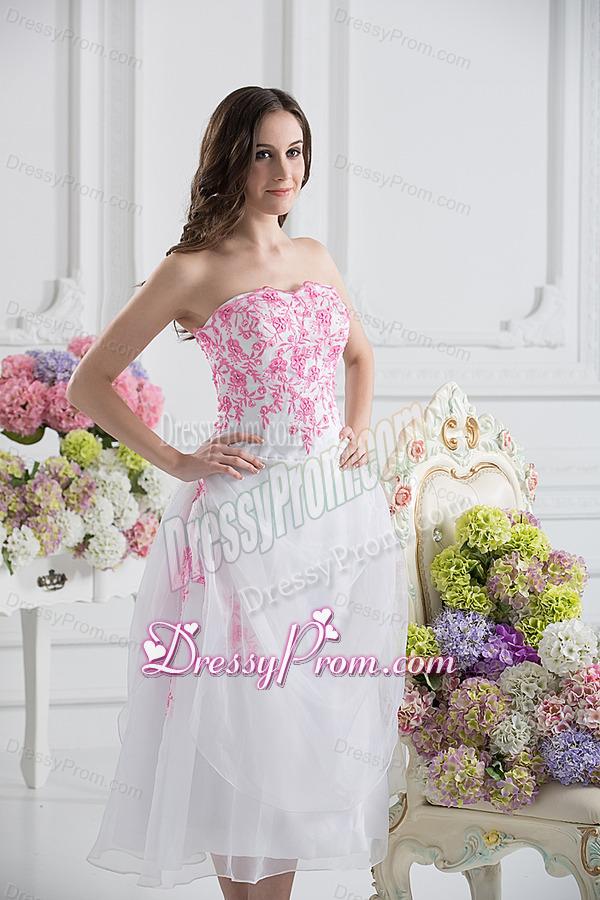 A-line Strapless White Organza Tea-length Prom Dress with Appliques