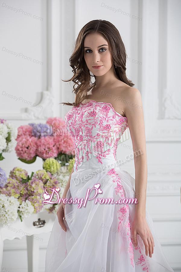 A-line Strapless White Organza Tea-length Prom Dress with Appliques