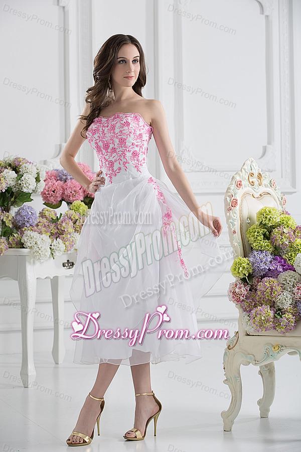A-line Strapless White Organza Tea-length Prom Dress with Appliques