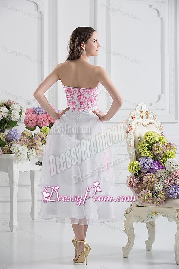 A-line Strapless White Organza Tea-length Prom Dress with Appliques