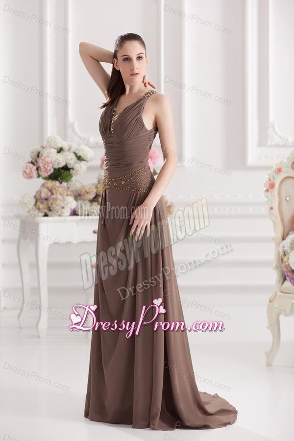 A-line Sweetheart Floor-length Beading Ruching Brown Prom Dress