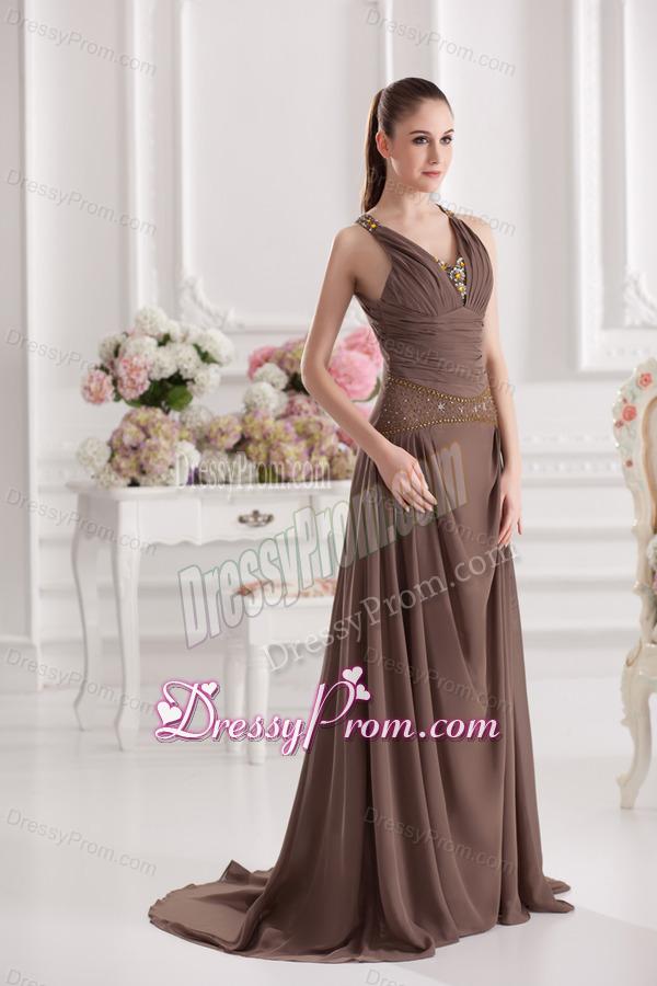 A-line Sweetheart Floor-length Beading Ruching Brown Prom Dress