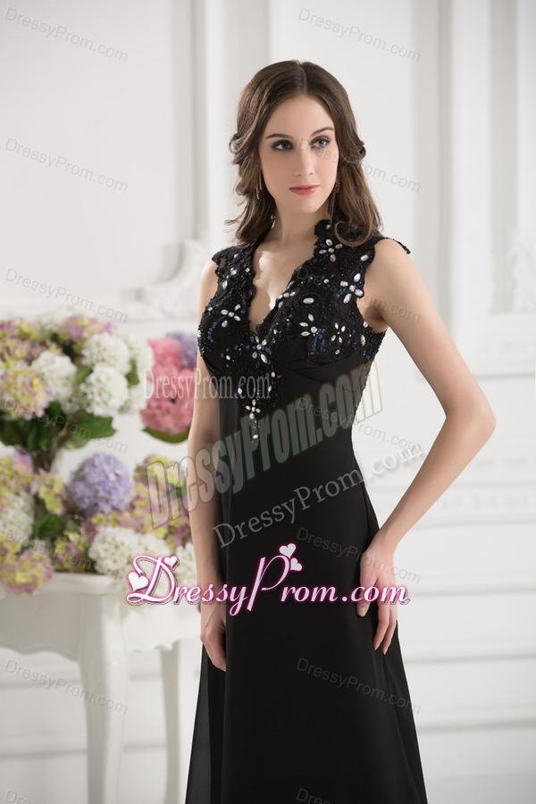 A-line V-neck Chiffon Beading Floor-length Prom Dress in Black