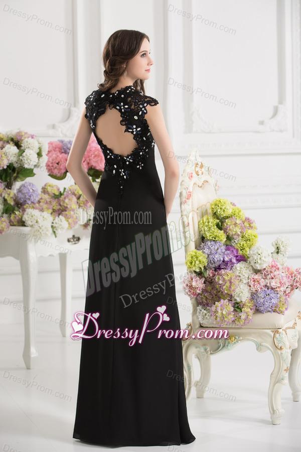 A-line V-neck Chiffon Beading Floor-length Prom Dress in Black