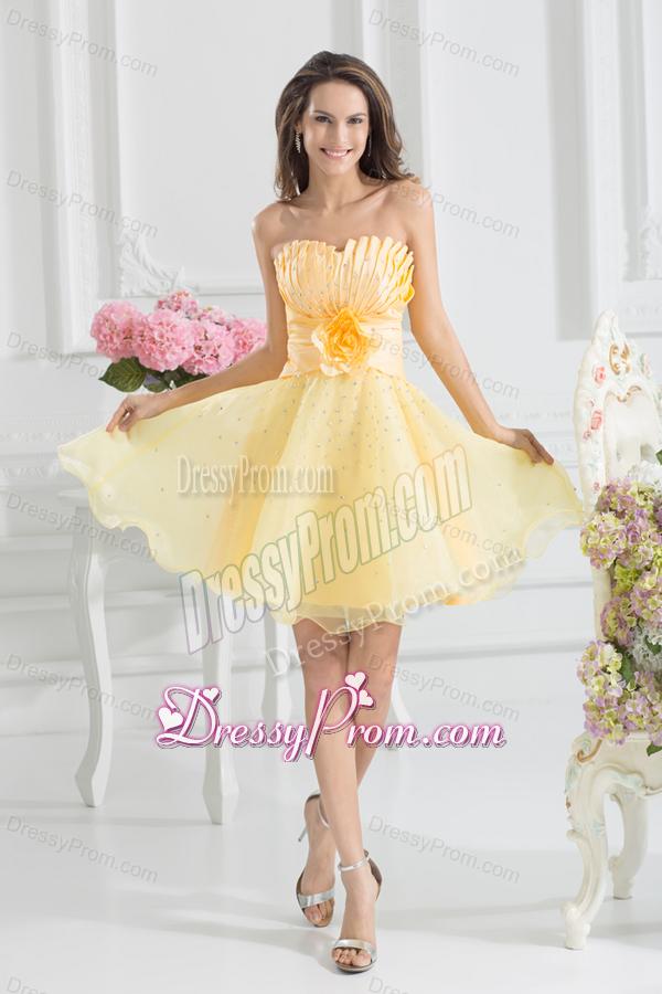 A-line Yellow Strapless Hand Made Flower Organza Prom Dress