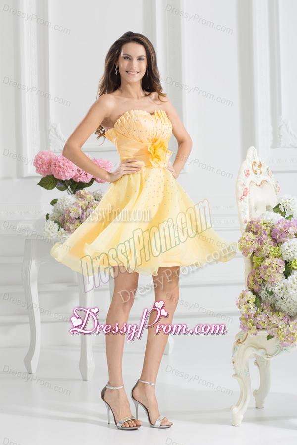 A-line Yellow Strapless Hand Made Flower Organza Prom Dress