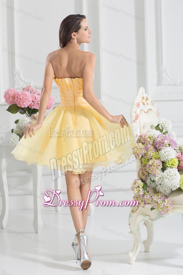 A-line Yellow Strapless Hand Made Flower Organza Prom Dress
