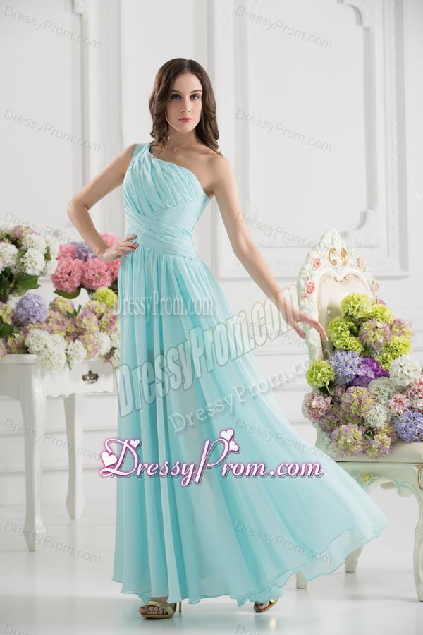 Aqua Blue One Shoulder Ruching Ankle-length Prom Dress
