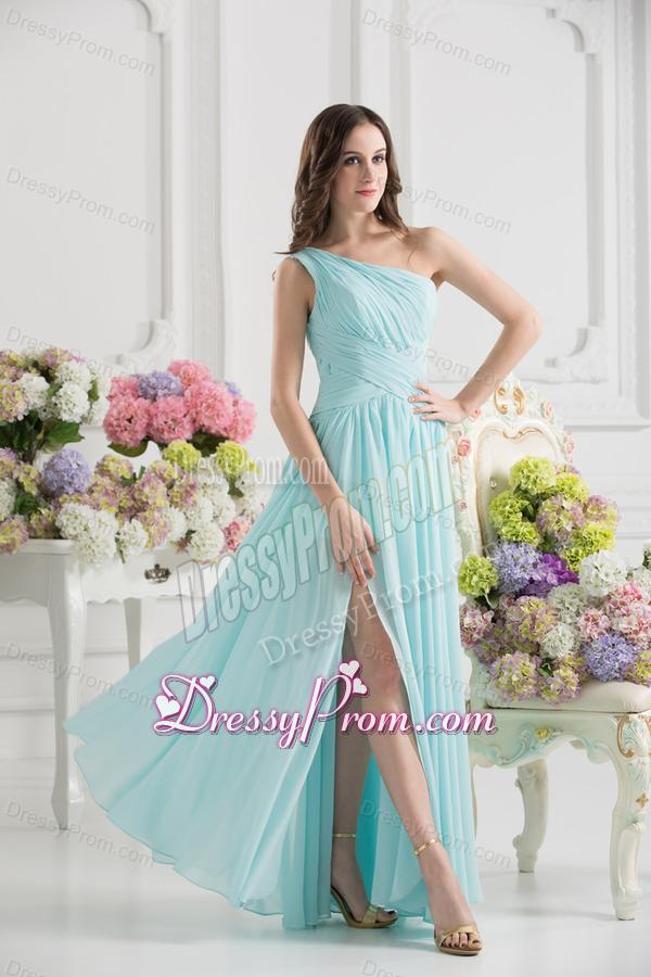 Aqua Blue One Shoulder Ruching Ankle-length Prom Dress