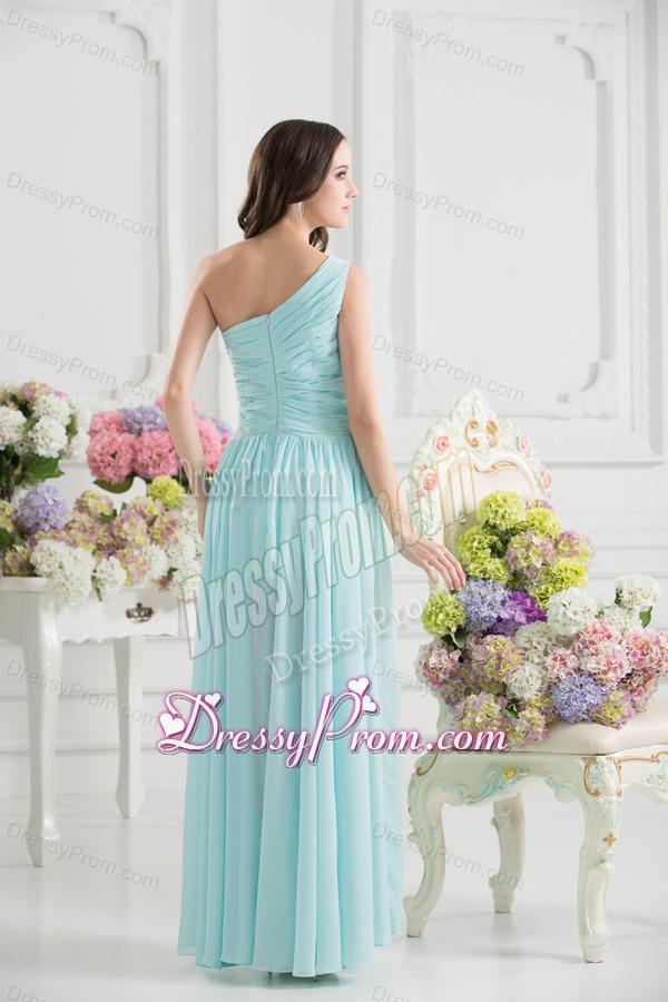 Aqua Blue One Shoulder Ruching Ankle-length Prom Dress