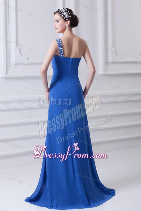 Blue One Shoulder Column Prom Dress with Beading and High Slit