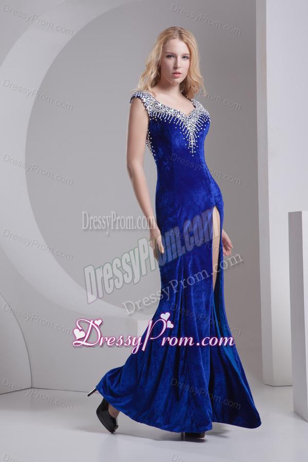 Column Blue Straps Beading High Slit Special Fabric Prom Dress