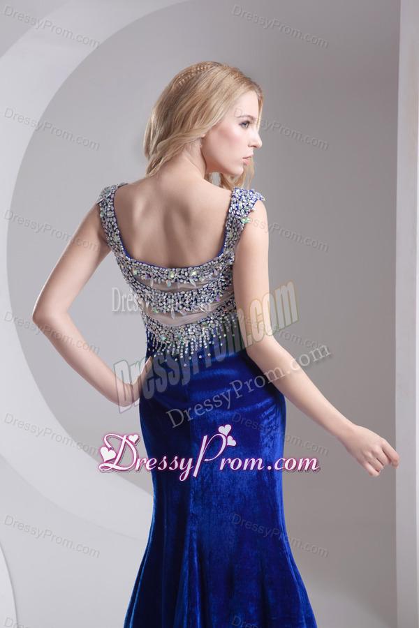 Column Blue Straps Beading High Slit Special Fabric Prom Dress