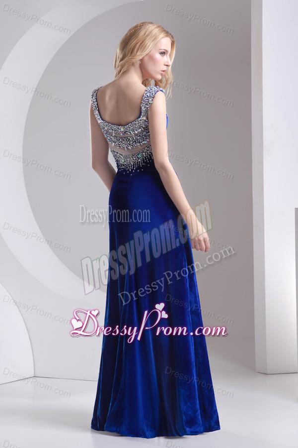 Column Blue Straps Beading High Slit Special Fabric Prom Dress