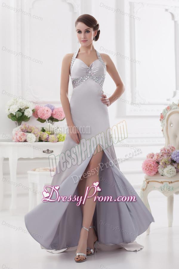 Column Halter top High Slit Beading Prom Dress in Light Grey