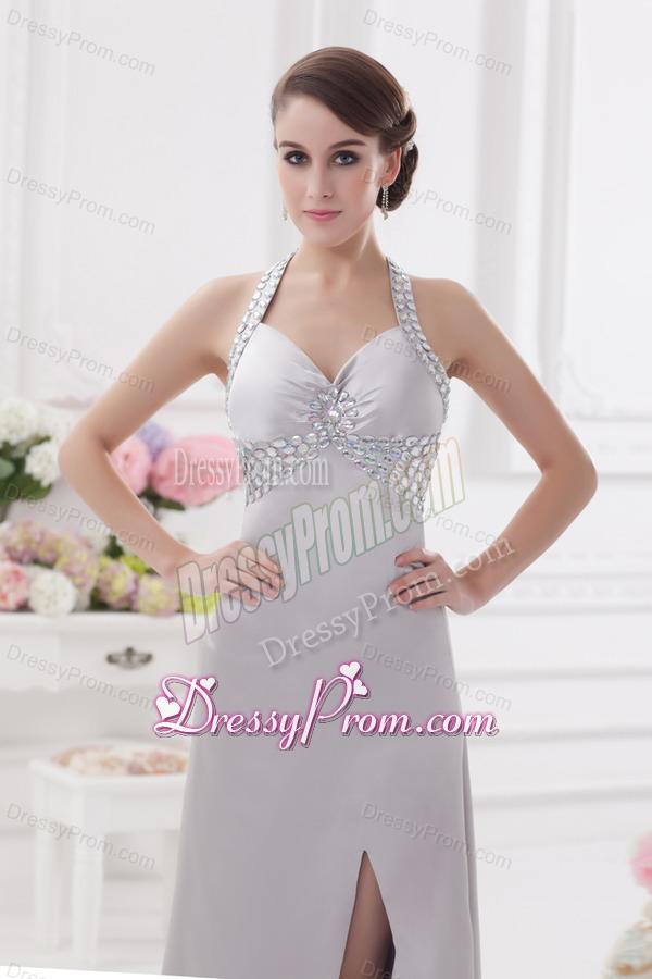 Column Halter top High Slit Beading Prom Dress in Light Grey