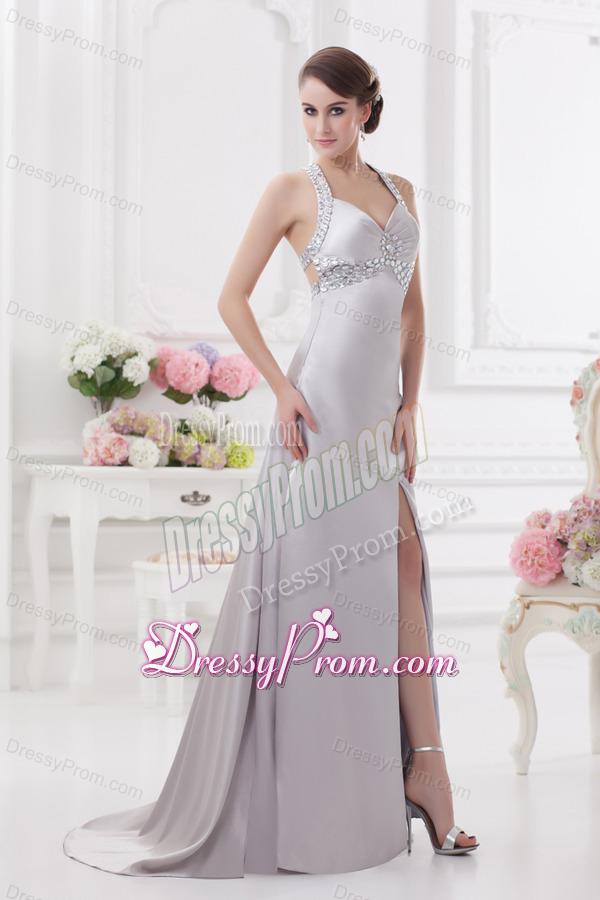 Column Halter top High Slit Beading Prom Dress in Light Grey