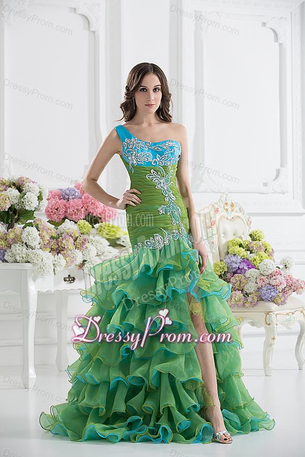 Column One Shoulder Organza Green Prom Dress with Appliques and Ruffed Layers