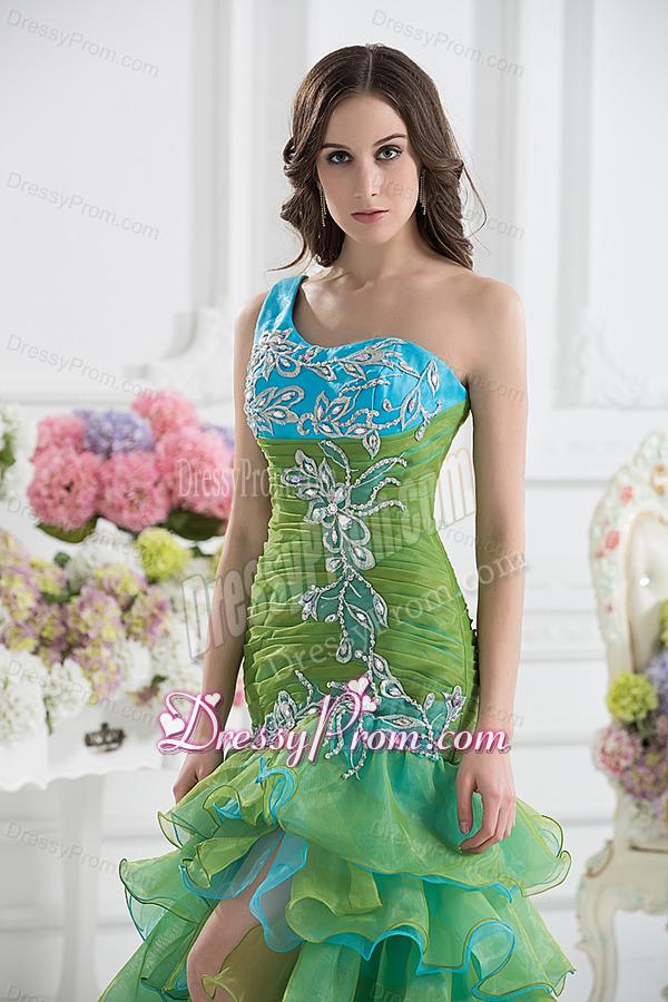 Column One Shoulder Organza Green Prom Dress with Appliques and Ruffed Layers