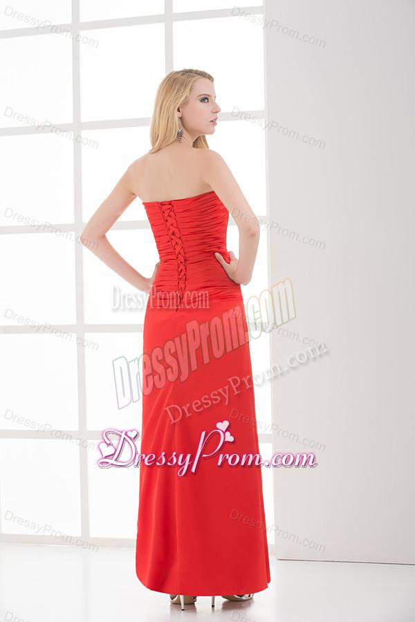 Column Red Sweetheart Sleeveless Beading and Ruching High Slit Prom Dress