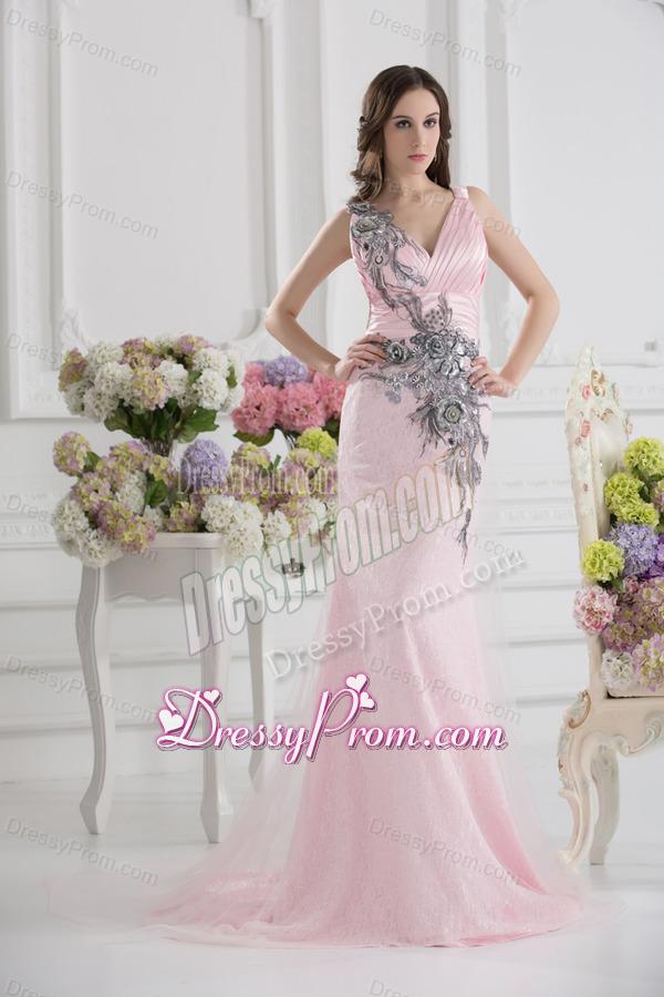 Column Straps Lace Appliques Ruching Baby Pink Lace Prom Dress