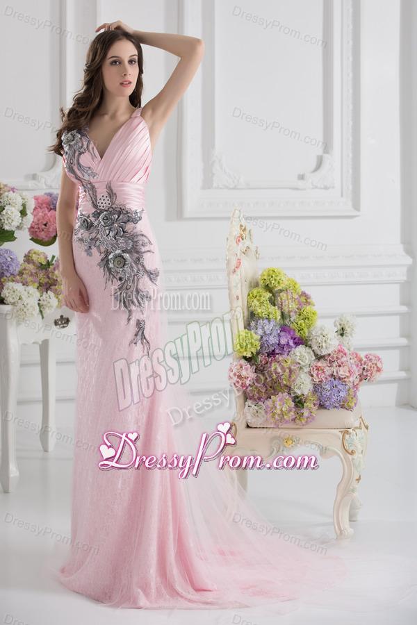Column Straps Lace Appliques Ruching Baby Pink Lace Prom Dress
