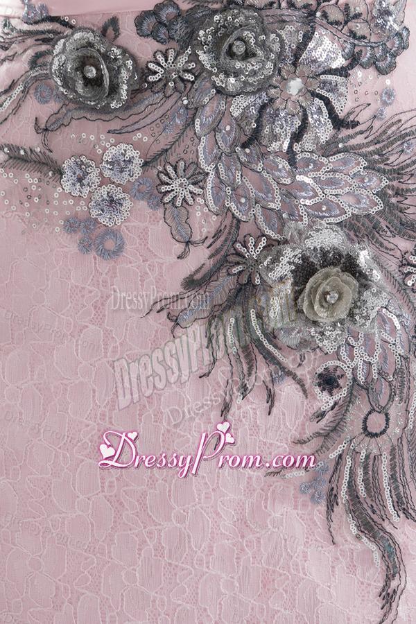 Column Straps Lace Appliques Ruching Baby Pink Lace Prom Dress