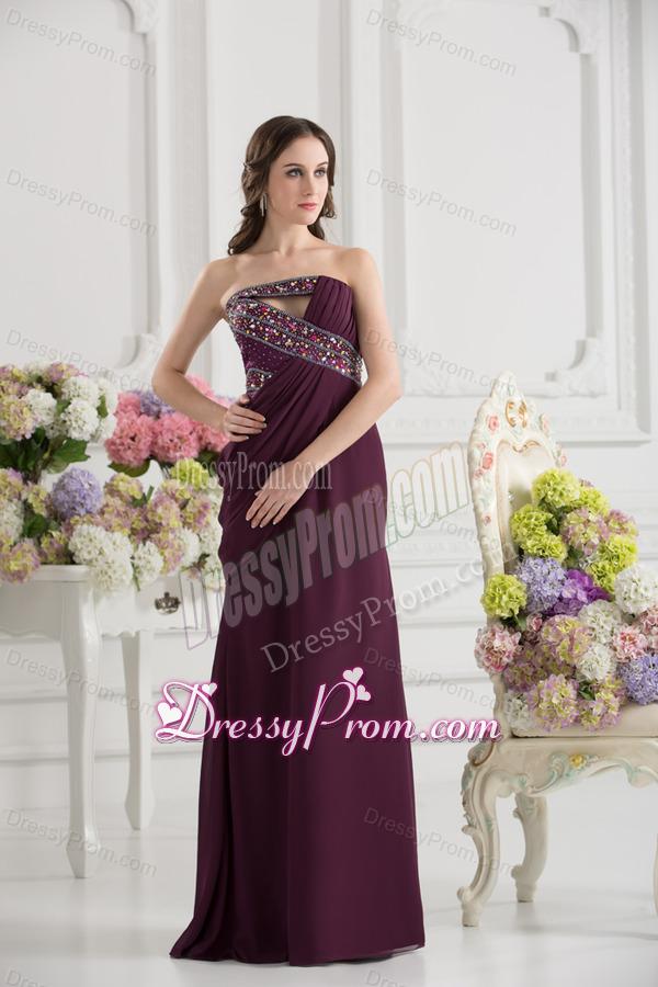Dark Purple Column Strapless Floor-length Ruching Beading Prom Dress