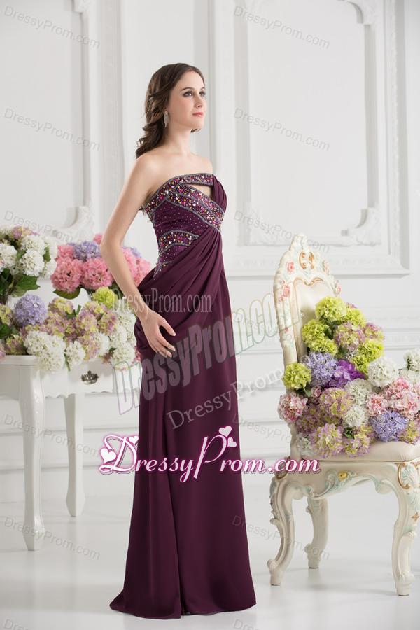 Dark Purple Column Strapless Floor-length Ruching Beading Prom Dress