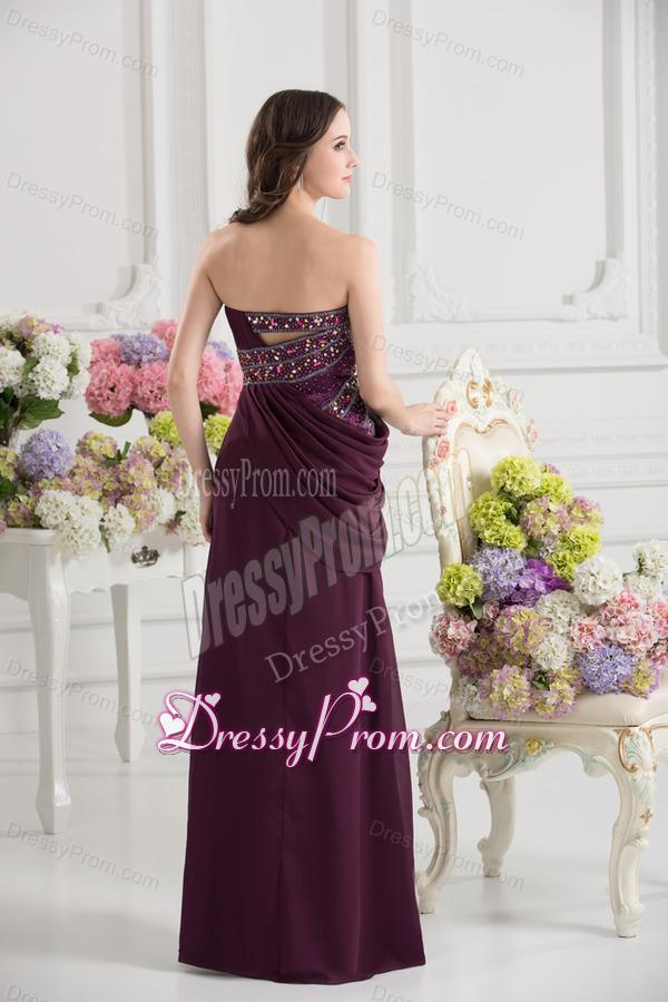 Dark Purple Column Strapless Floor-length Ruching Beading Prom Dress