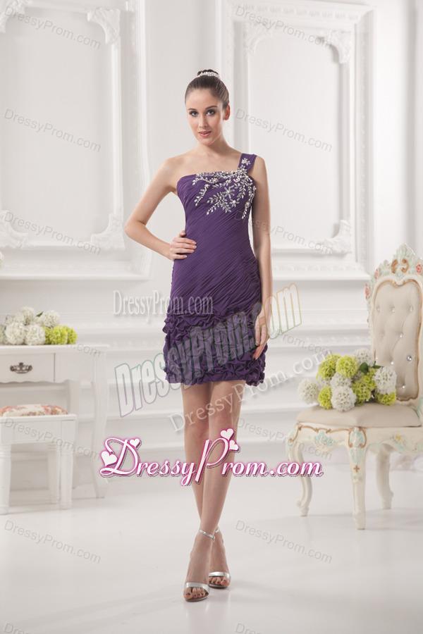 Dark Purple One Shoulder Prom Dress with Beading and Ruffles