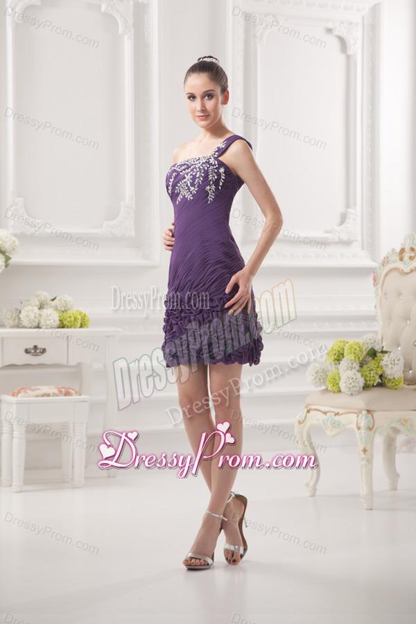 Dark Purple One Shoulder Prom Dress with Beading and Ruffles