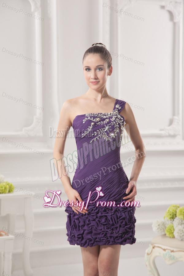 Dark Purple One Shoulder Prom Dress with Beading and Ruffles