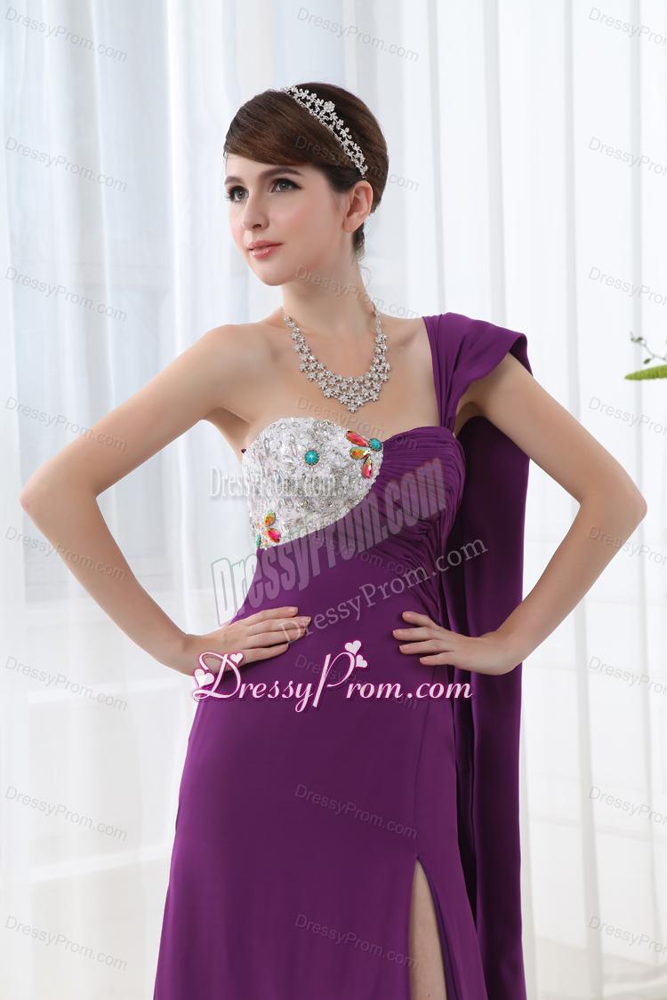 Empire Eggplant Purple Prom Dress with Watteau Trian Strain and Beading Ruching