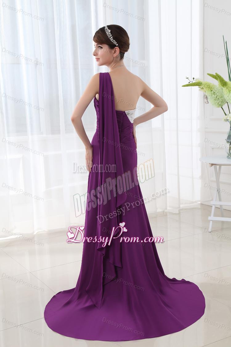 Empire Eggplant Purple Prom Dress with Watteau Trian Strain and Beading Ruching