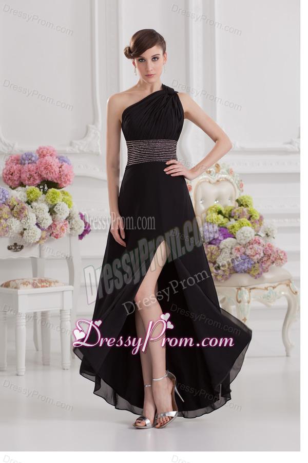 Empire One Shoulder Black Prom Dress with Beading and High Slit