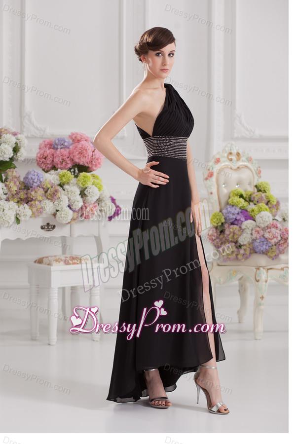 Empire One Shoulder Black Prom Dress with Beading and High Slit