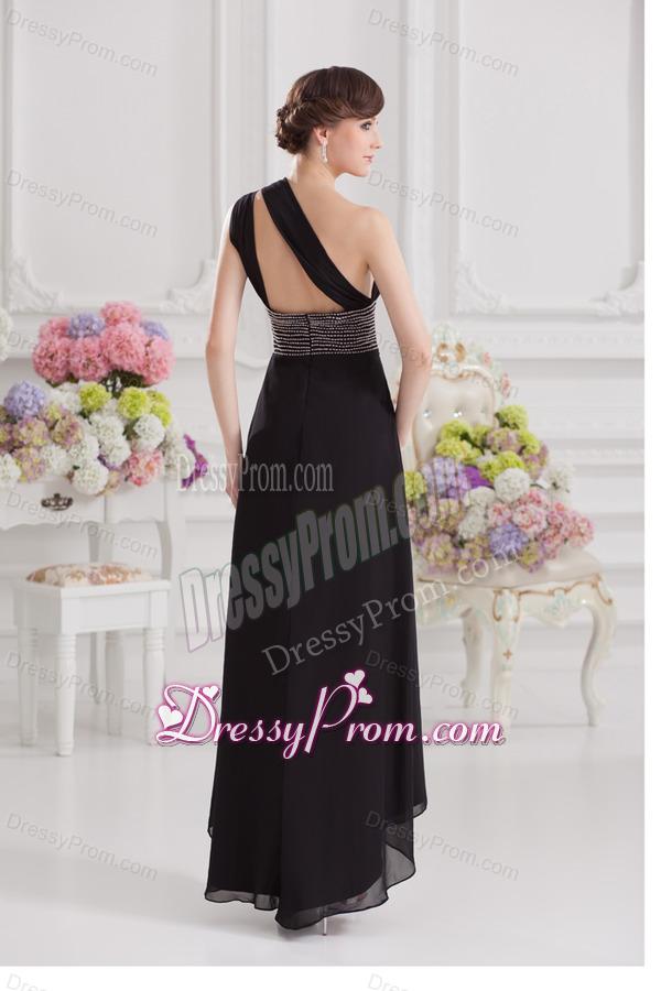 Empire One Shoulder Black Prom Dress with Beading and High Slit