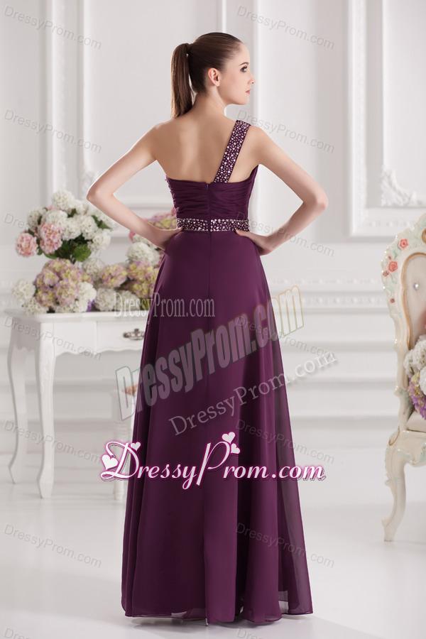 Empire One Shoulder Floor-length Beading Ruching Purple Prom Dress