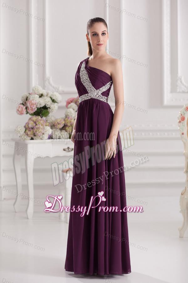 Empire One Shoulder Floor-length Beading Ruching Purple Prom Dress