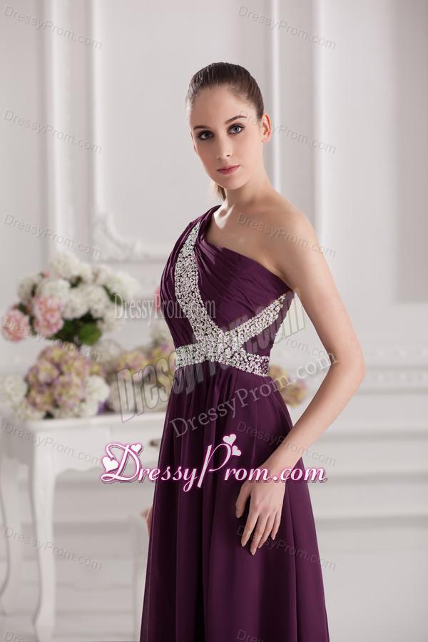Empire One Shoulder Floor-length Beading Ruching Purple Prom Dress