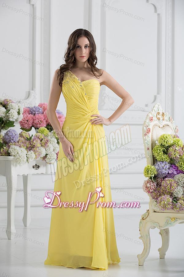 Empire One Shoulder Yellow Chiffon with Beading and Ruching Prom Dress
