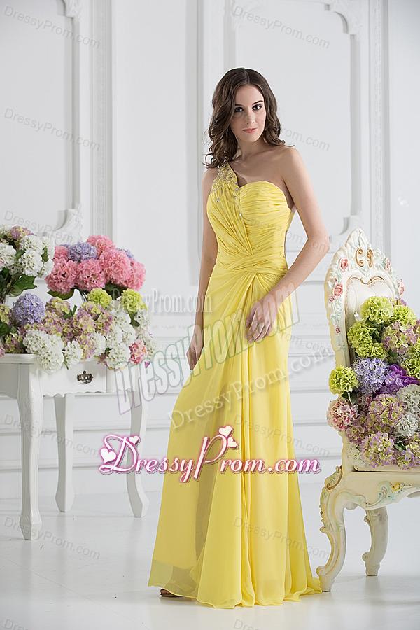 Empire One Shoulder Yellow Chiffon with Beading and Ruching Prom Dress