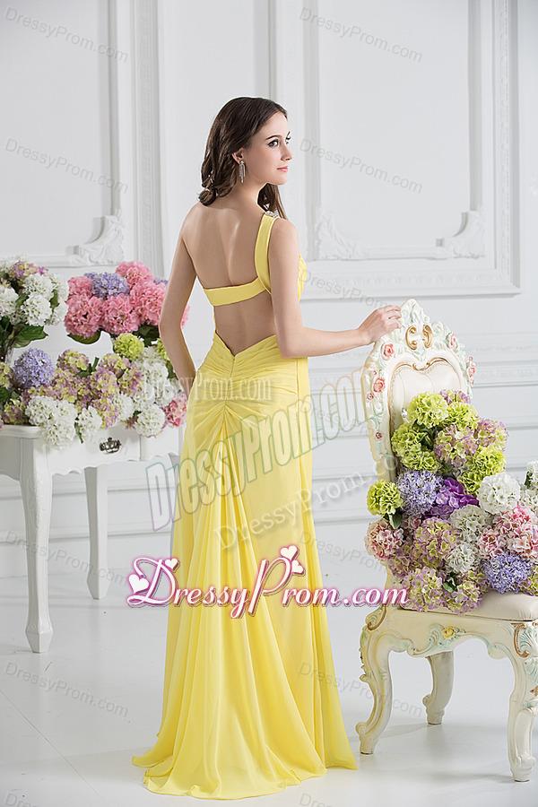 Empire One Shoulder Yellow Chiffon with Beading and Ruching Prom Dress
