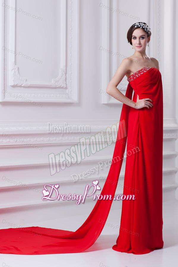 Empire Red Strapless Beading Chiffon Watteau Train Prom Dress