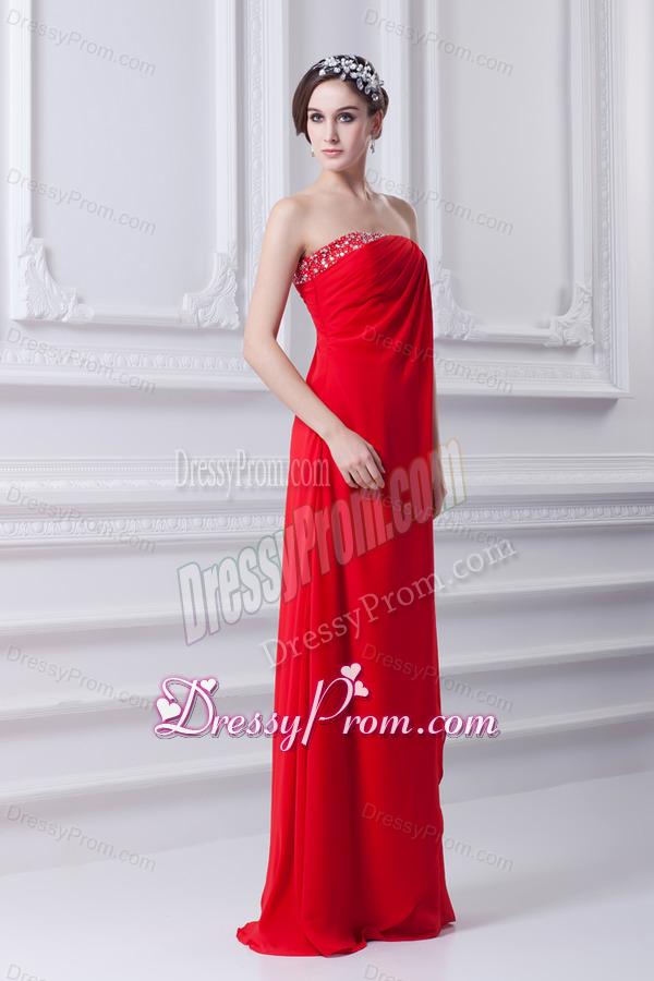 Empire Red Strapless Beading Chiffon Watteau Train Prom Dress