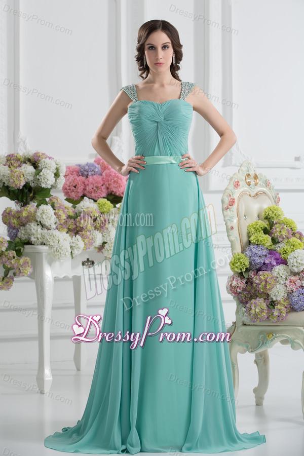 Empire Square Chiffon Beading Ruching Belt Mint Cream Prom Dress